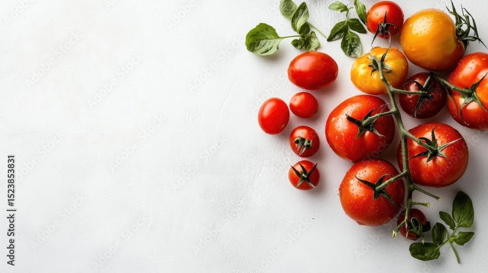 Poster flat lay of a bunch of fresh tomatoes on a white background. there are several tomatoes of different
