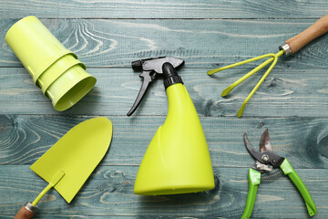 Tools for gardening on blue wooden background. Top view