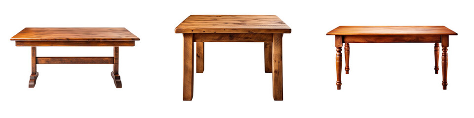 Collection of brown wooden tables, isolated on a transparent background