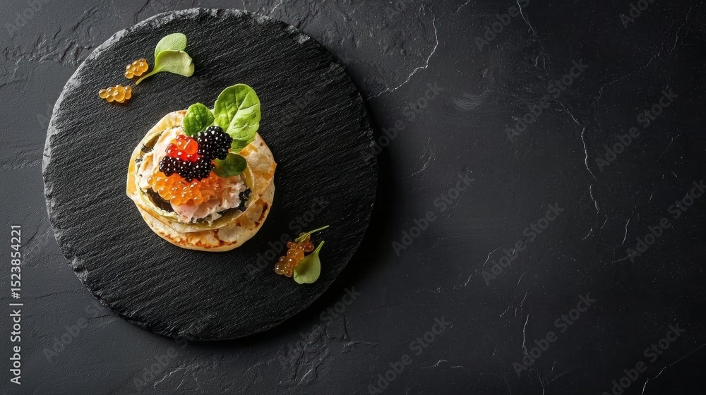 Poster flat lay of a black slate plate with a small appetizer on it. the appetizer is made up of a round, f