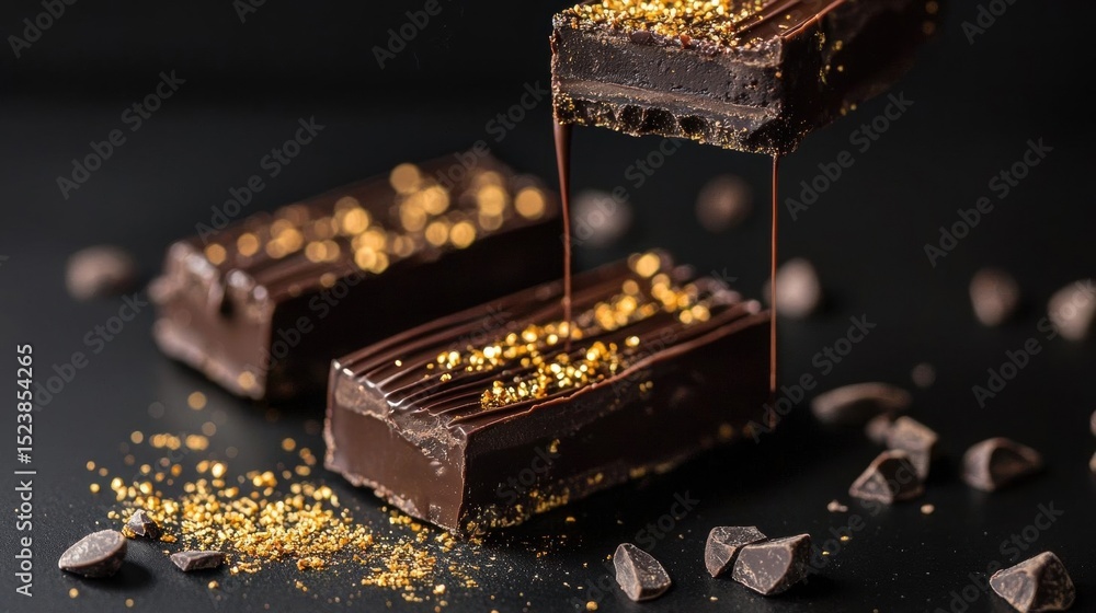 Poster three pieces of dark chocolate bars on a black surface. the bars are arranged in a triangular format