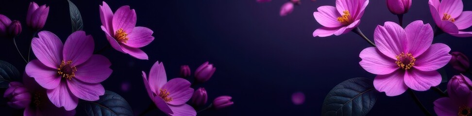 Fototapeta premium Elegant purple blooms on black, striking floral wallpaper , vintage wallpaper, luxury
