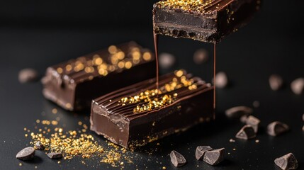 Three pieces of dark chocolate bars on a black surface. the bars are arranged in a triangular formation, with one bar in the center and two on either side.