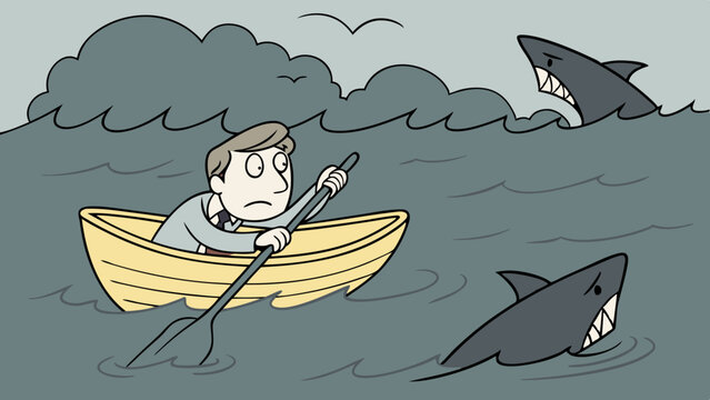 Vector risk business, stressed businessman paddles small boat in turbulent waters, surrounded by sharks