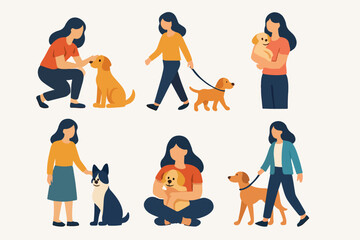 vector set of women with dog in flat design style
