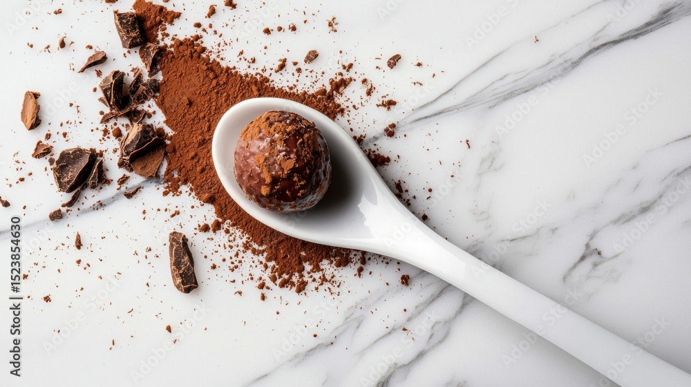 Poster white spoon with a chocolate truffle on it. the truffle is round and has a smooth texture. it is cov