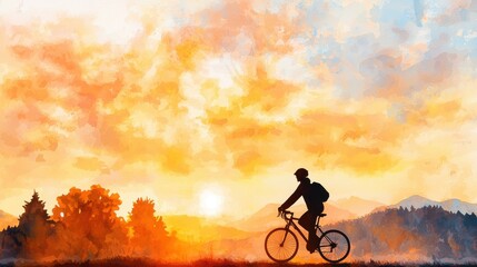 Obraz premium A person rides a bicycle through a scenic landscape at sunrise, surrounded by trees and mountains under a vibrant sky.