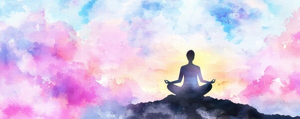 A person meditates in lotus position against a vibrant, colorful sky painted in watercolor.