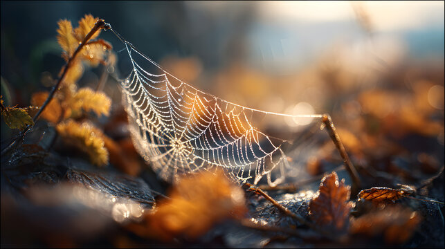 Delicate spider web covered in dew sparkling in early sunlight among colorful fall leaves
 - Powered by Adobe