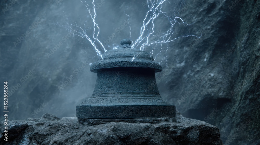 Poster mysterious stone device generating electricity with lightning storm