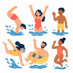 Obraz premium Splashing Into Summer: A vibrant depiction of various people enjoying aquatic activities, with joyful illustrations showcasing a person's diving, standing, and striking different postures.