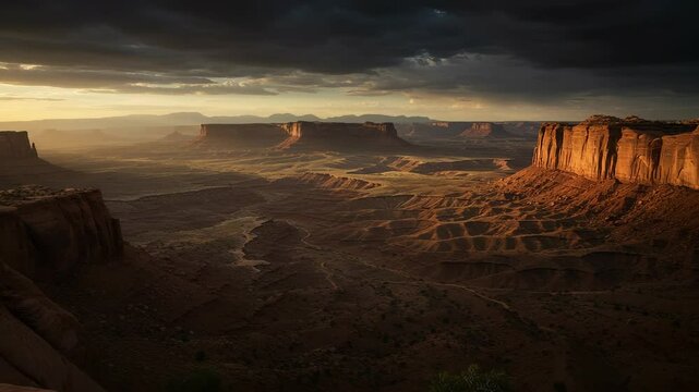 Panoramic vista of dramatic desert landscape with mesas at dusk in golden light