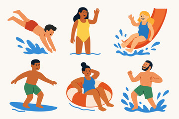 Splashing Into Summer: A vibrant depiction of various people enjoying aquatic activities, with joyful illustrations showcasing a person's diving, standing, and striking different postures.