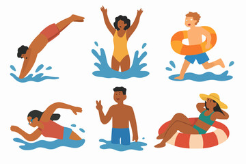 Splashing Into Summer: A vibrant depiction of various people enjoying aquatic activities, with joyful illustrations showcasing a person's diving, standing, and striking different postures.