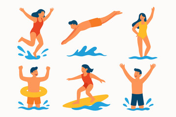 Splashing Into Summer: A vibrant depiction of various people enjoying aquatic activities, with joyful illustrations showcasing a person's diving, standing, and striking different postures.