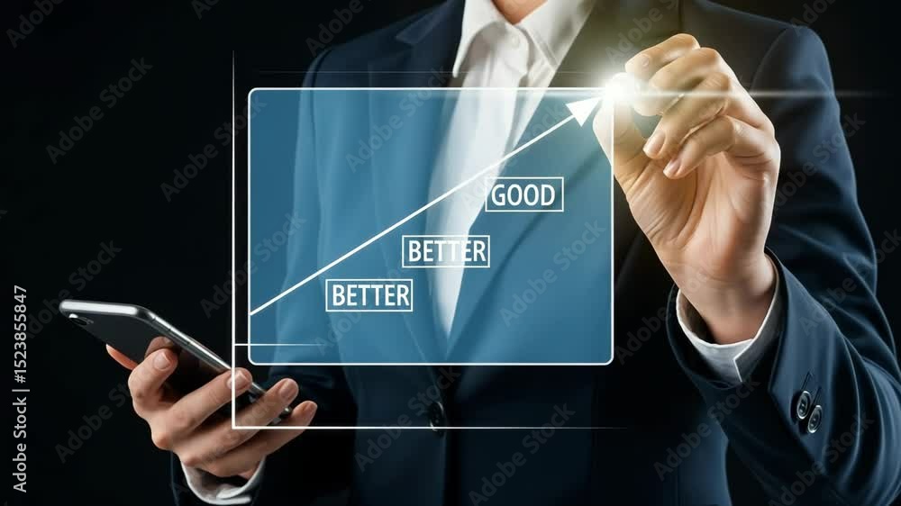 Poster a businessman drawing an upward graph with the words better and good while holding a phone in hand
