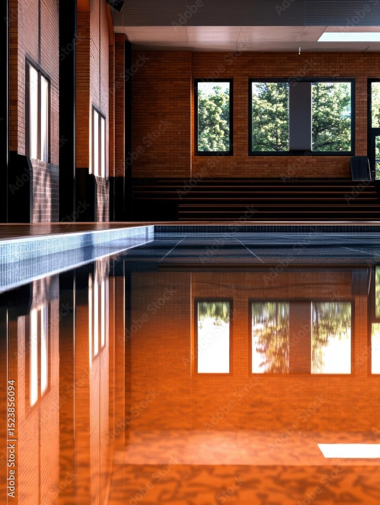 Poster indoor swimming pool in a modern building. the pool is rectangular in shape and has a black tiled su