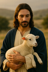 Jesus Christ with a lamb in a peaceful natural landscape
