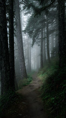 Obraz premium A narrow dirt path winding through tall trees with fog rolling gently around the trunks