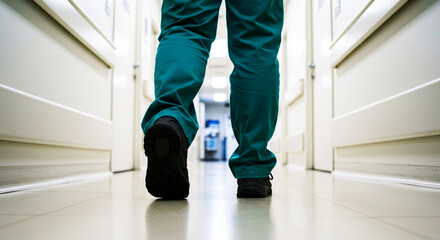 a healthcare professional's feet and lower legs, walking purposefully down a hospital corridor