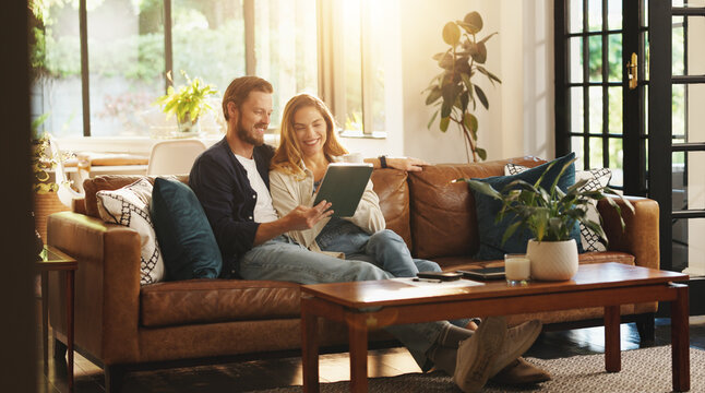 Relax, smile or couple on tablet in lounge for movie choice, online subscription and streaming website. Search, house or people with technology in relationship on internet for film and multimedia