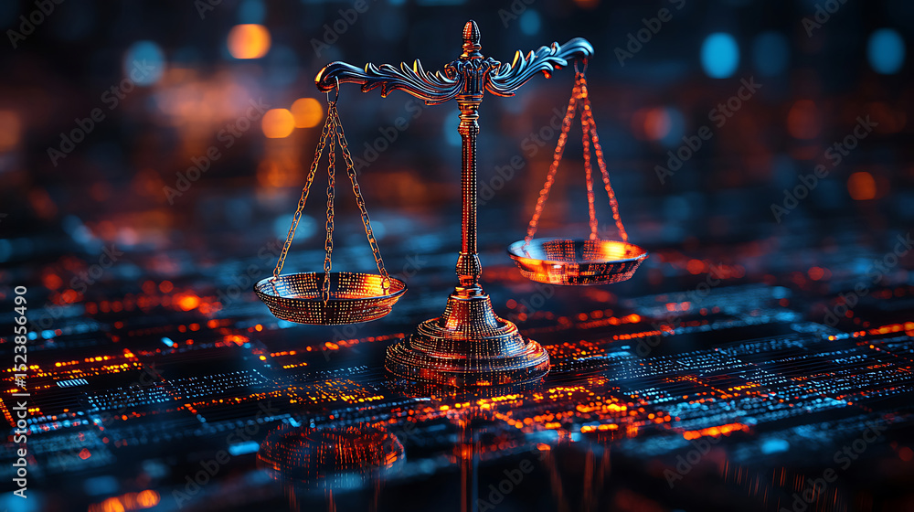 Poster digital justice concept golden scale with circuit board background representing cybersecurity and mo