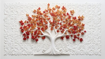 Intricate white relief background showcases a 3D sculpted tree with autumnal foliage in shades of red and orange