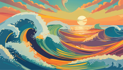 Vector Illustration of a Sea Wave Scene with Ocean Background