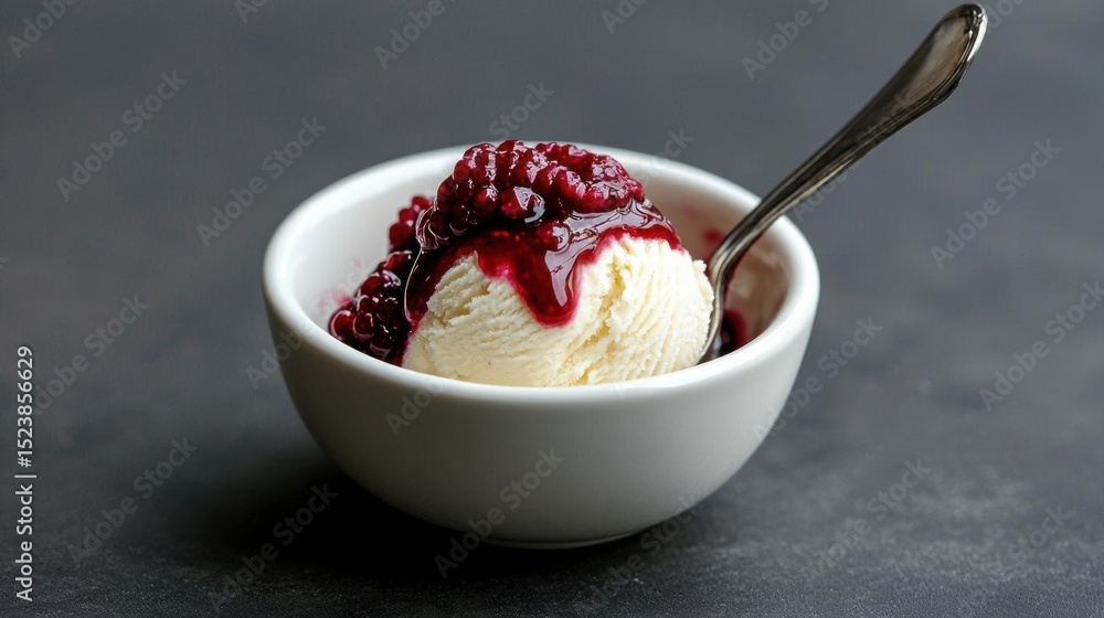 Poster small white bowl with a scoop of vanilla ice cream in it. the ice cream is topped with a generous am