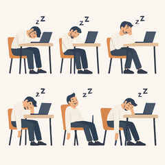 Vector Set Exhausted Man Sleeping at Desk in Chair