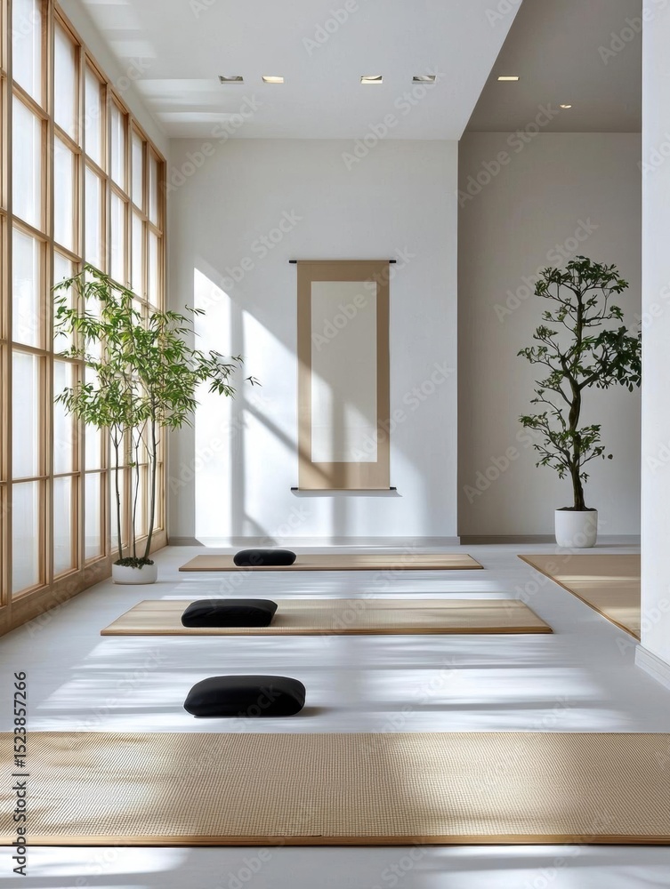 Poster modern and minimalist room with a high ceiling and large windows on the left side. the room has whit