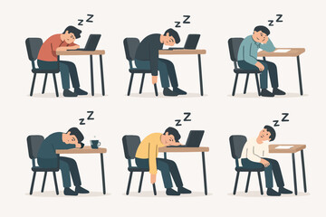 Vector Set Exhausted Man Sleeping at Desk in Chair