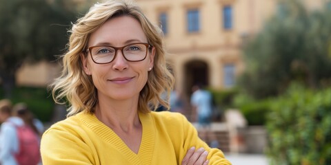 Confident female teacher with folded arms on school campus