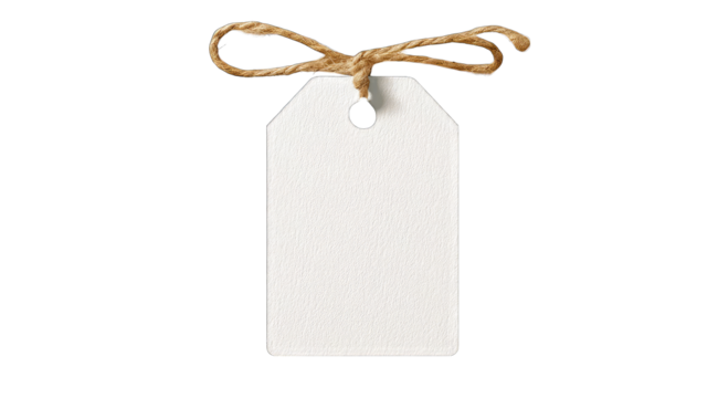 Blank rectangular tag with a tied tan string bow