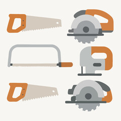 Vector Saw Collection: A set of various saw, including hand saws, circular saws, and a jigsaw, isolated on a white background, ideal for DIY, carpentry.