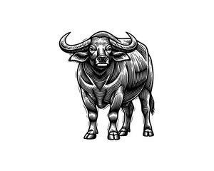 Standing Buffalo Bull Cow,  woodcut linocut engraving black and white outline. illustrated in vintage line ink print art style on a white background.
