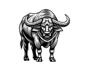 Obraz premium Standing Buffalo Bull Cow, woodcut linocut engraving black and white outline. illustrated in vintage line ink print art style on a white background.