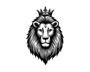 Obraz premium Lion wearing a crown woodcut linocut engraving black and white outline. illustrated in vintage line ink print art style on a white background.