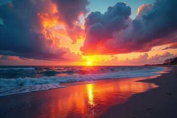 Fototapeta premium Fiery sunset paints dramatic clouds over endless beach , serene, vast, peaceful