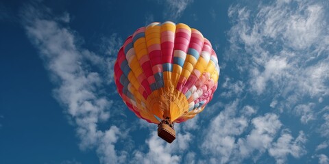 Fototapeta premium Vibrant hot air balloon soaring against a cloudy blue sky