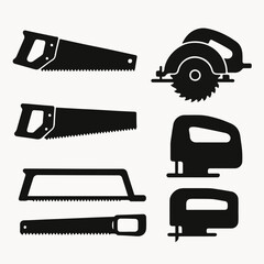 Saw Silhouettes Collection: A set of various saw silhouettes, including hand saws, circular saws, and a jigsaw, isolated on a white background, ideal for DIY, carpentry.