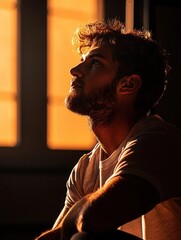 Portrait of a young man sitting in front of a window. he is wearing a white t-shirt and has a beard. the man is looking up towards the sky with a thoughtful expression on his face.