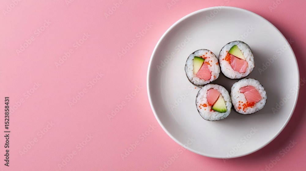 Poster white plate with four sushi rolls on it. the sushi rolls are arranged in a circular pattern on the p