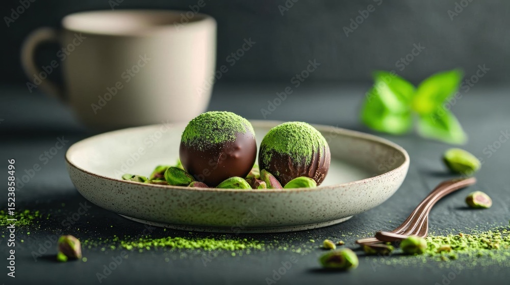 Poster plate with two chocolate truffles on it. the plate is white with a speckled pattern and is placed on