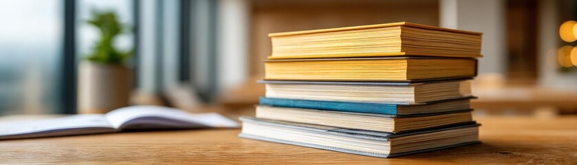 Golden years finance for efficient and wise savings concept. A stack of colorful books on a wooden table in a cozy setting.
