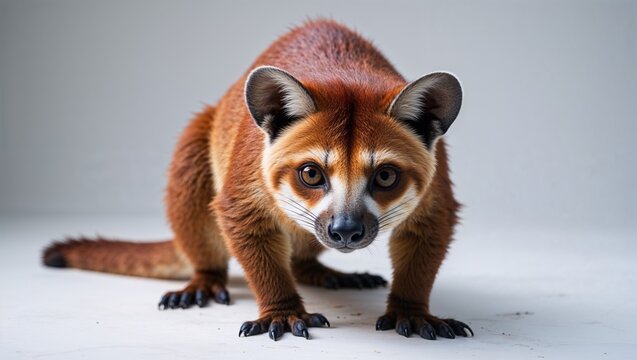 Bushy-tailed olingo posed on white background