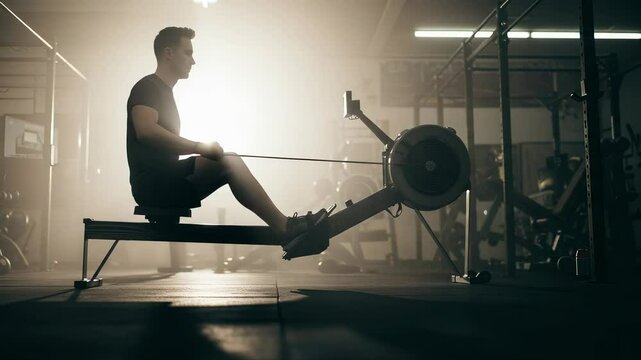 Silhouette of determined man working out on rowing machine in gym for strong muscles