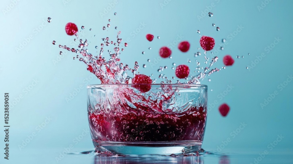 Poster glass of red raspberry juice splashing out of it. the glass is placed on a blue surface and the back