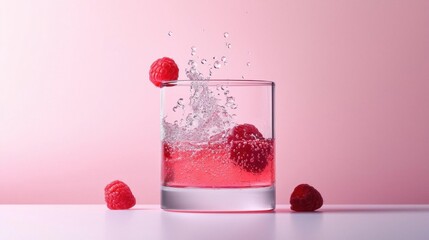Glass of water with raspberries floating in it. the glass is filled with a pinkish-red liquid and there are several rasp berries scattered around the glass.