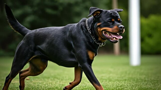 Majestic rottweiler in motion strides across lush green grass in outdoor setting